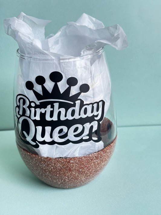 Birthday Queen stemless wineglass